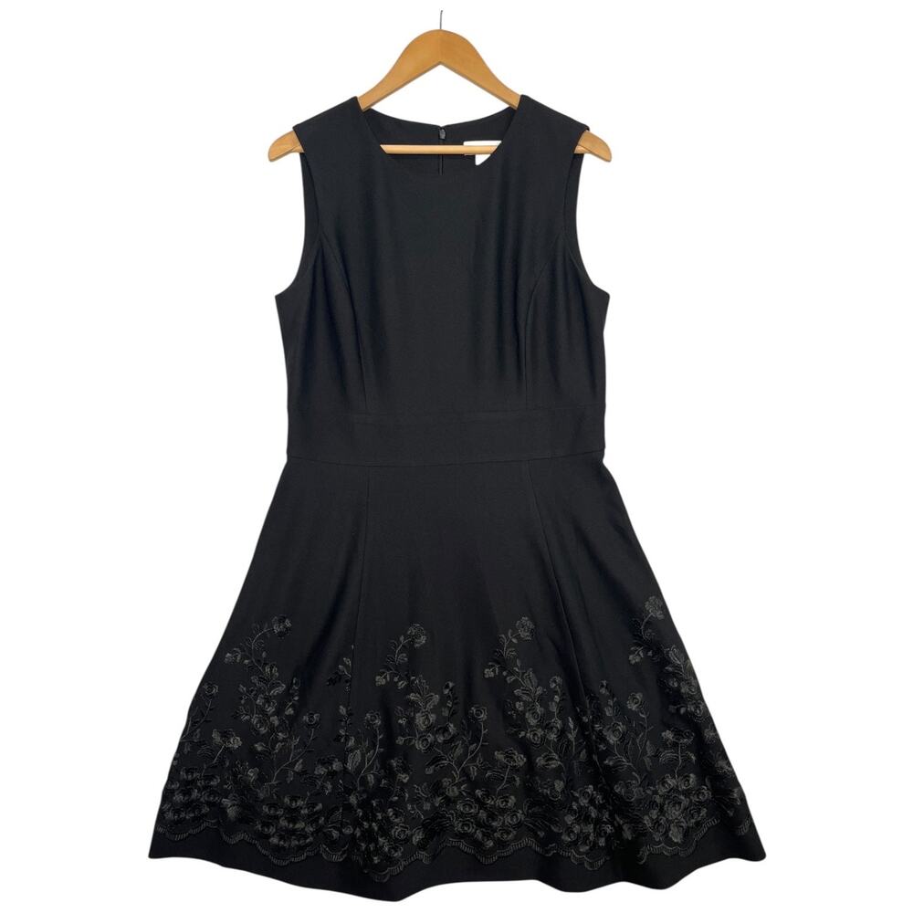 Calvin Klein Dress Womens 12 Black Floral Embroidered Fit Flare Workwear Office